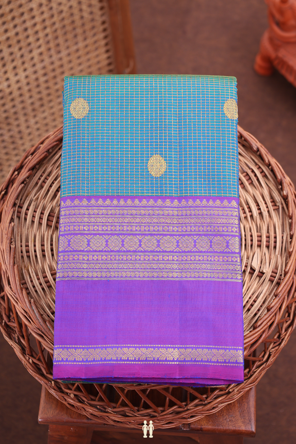 Kanchipuram Silk Saree In Prussian Blue With Checks Design