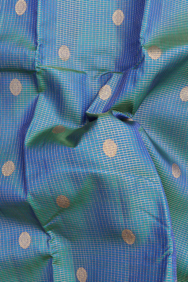 Kanchipuram Silk Saree In Prussian Blue With Checks Design
