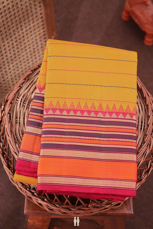 Kanchipuram Silk Saree In Mustard Yellow With Stripes Design