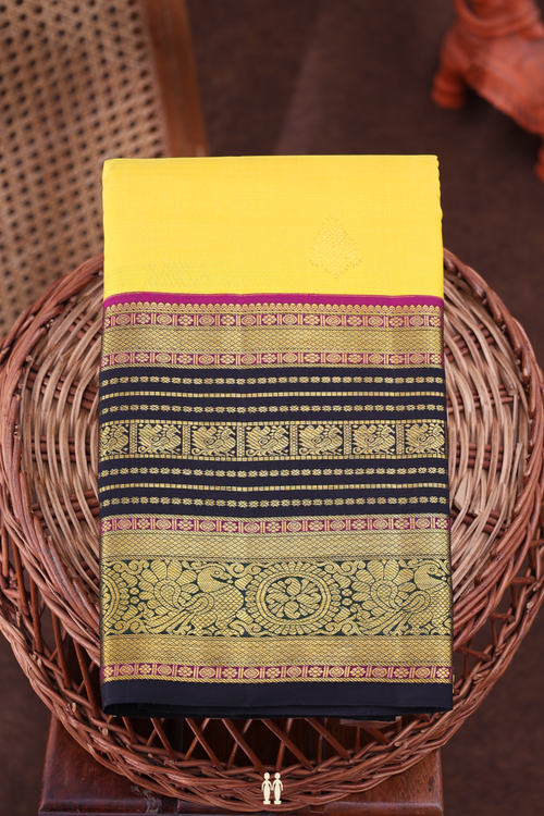 Kanchipuram Silk Saree In Royal Yellow With Zari Buttas