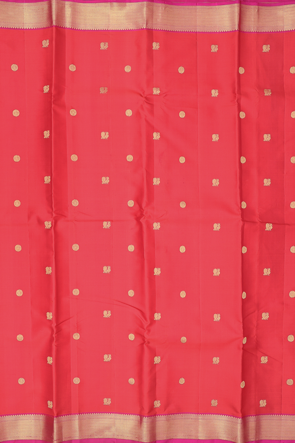 Kanchipuram Silk Saree In Vermillion Red With Peacock Buttas