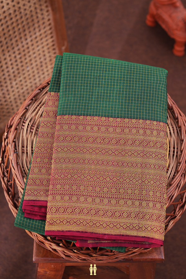 Kanchipuram Silk Saree In Forest Green With Checks Design