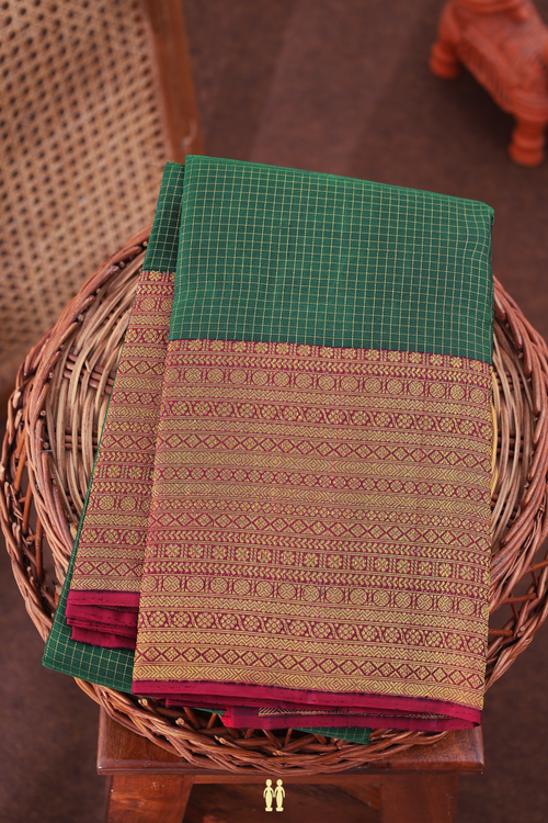 Kanchipuram Silk Saree In Forest Green With Checks Design
