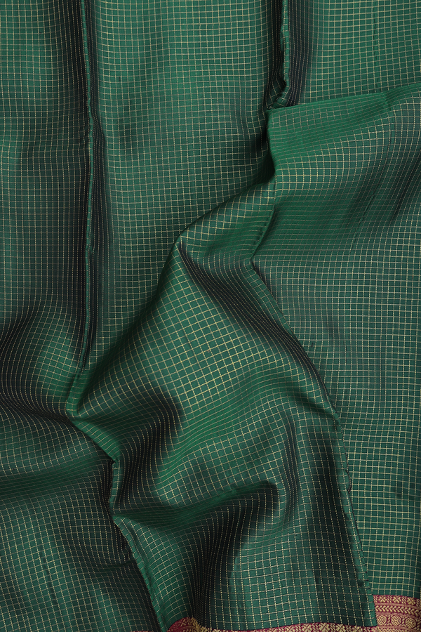 Kanchipuram Silk Saree In Forest Green With Checks Design