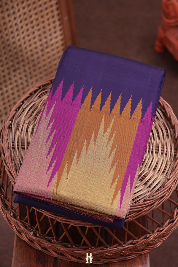 Kanchipuram Silk Saree In Navy Blue With Temple Border