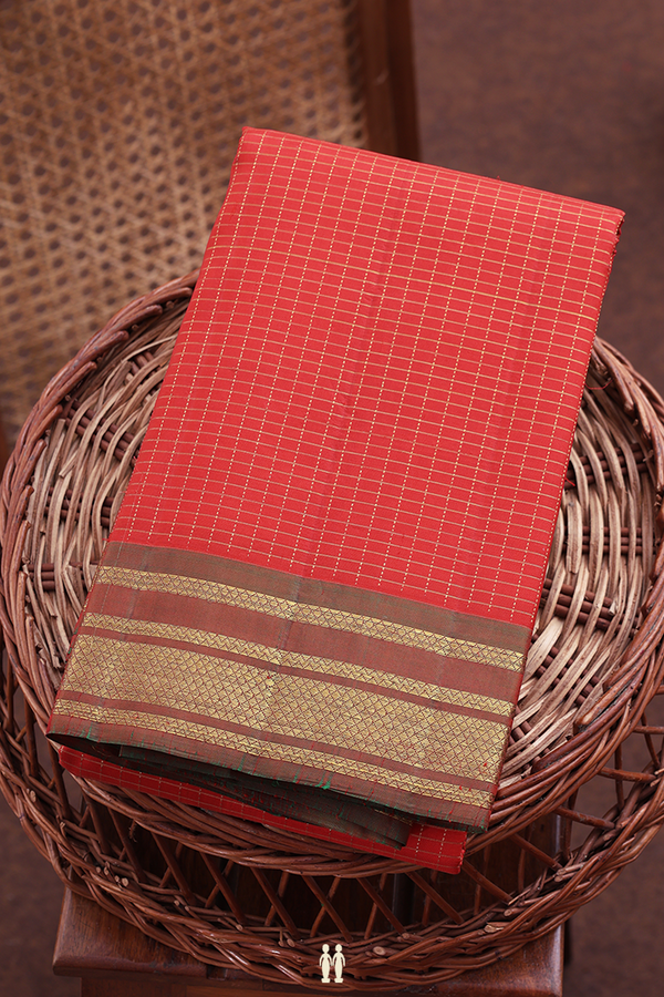 Kanchipuram Silk Saree In Scarlet Red With Checks Design