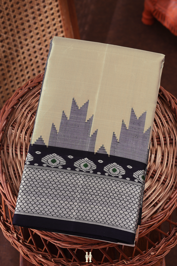 Kanchipuram Silk Saree In Plain Khaki With Temple Border