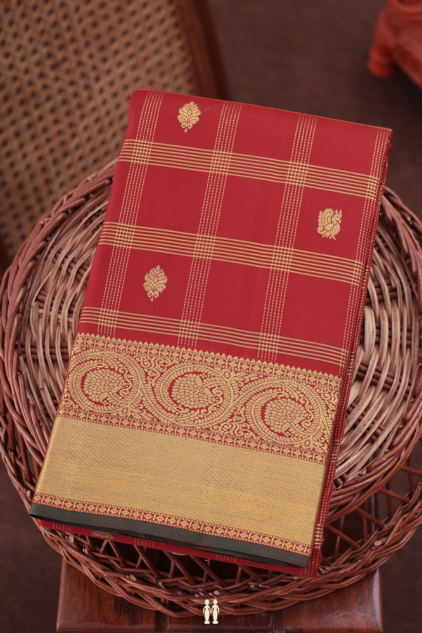 Kanchipuram Silk Saree In Crimson Red With Checks Design