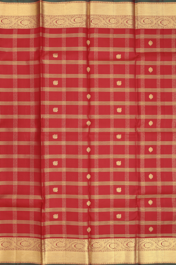 Kanchipuram Silk Saree In Crimson Red With Checks Design
