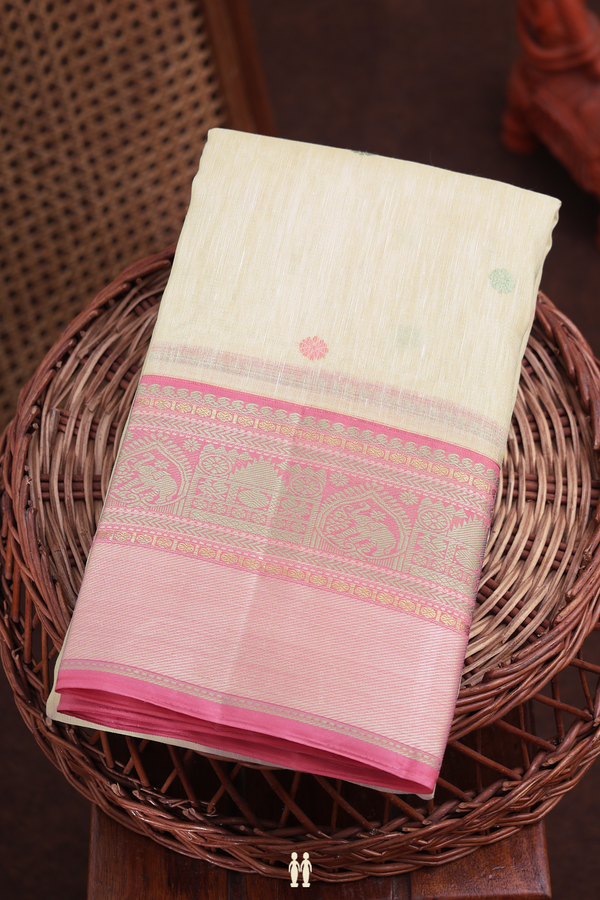 Linen Kanchipuram Silk Saree In Cream With Floral Buttas
