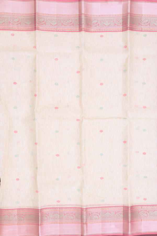 Linen Kanchipuram Silk Saree In Cream With Floral Buttas