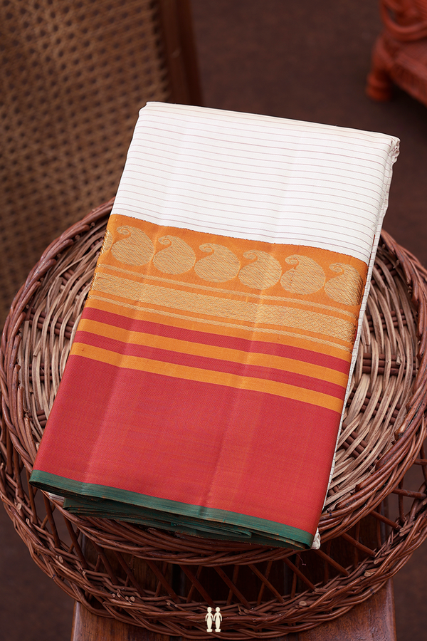 Kanchipuram Silk Saree In Off White With Stripes Design