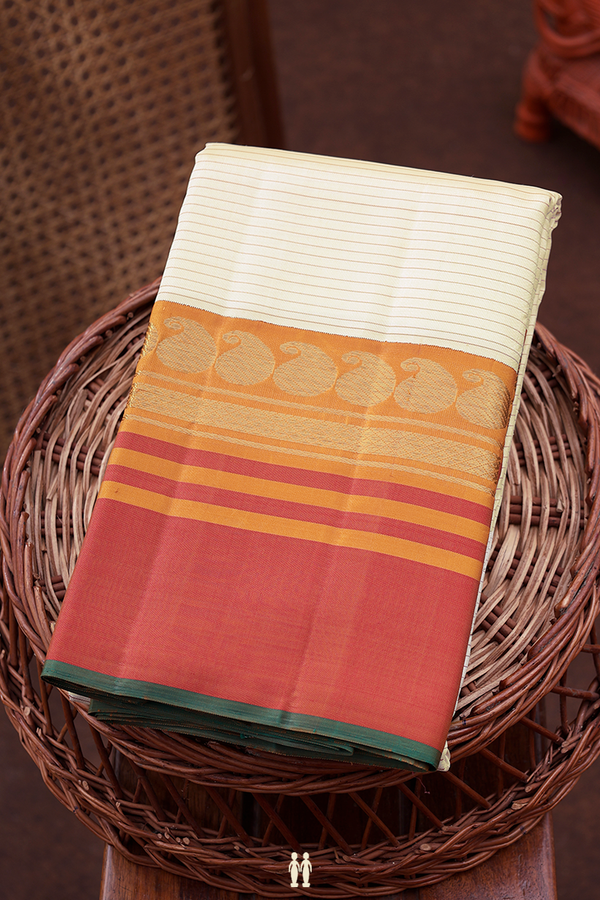 Kanchipuram Silk Saree In Off White With Stripes Design