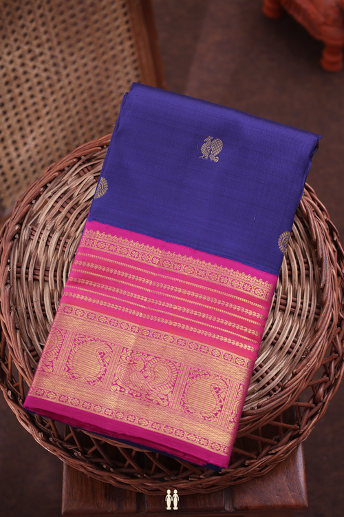 Kanchipuram Silk Saree In Royal Blue With Peacock Buttas