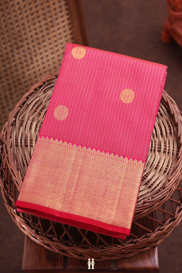 Kanchipuram Silk Saree In Rani Pink Along Checks With Buttas