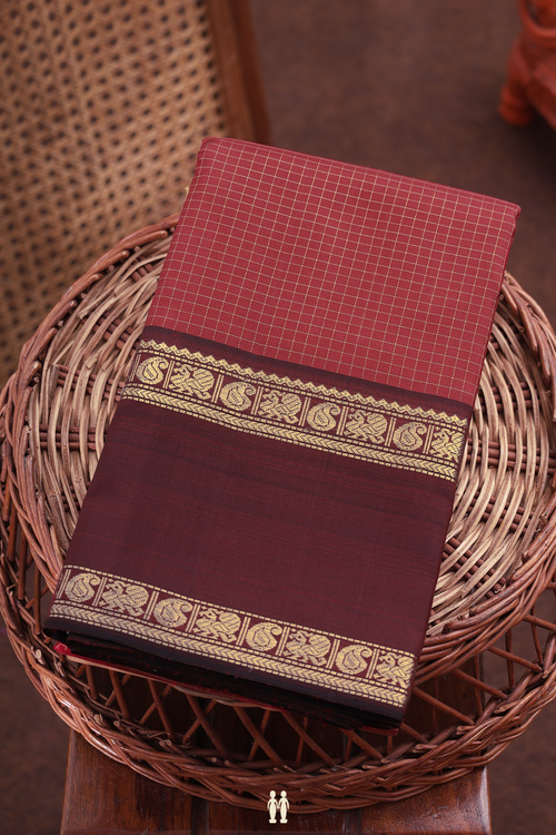 Kanchipuram Silk Saree In Crimson Red With Checks Design