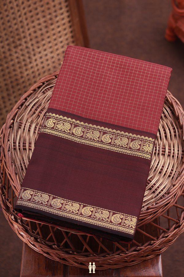 Kanchipuram Silk Saree In Crimson Red With Checks Design