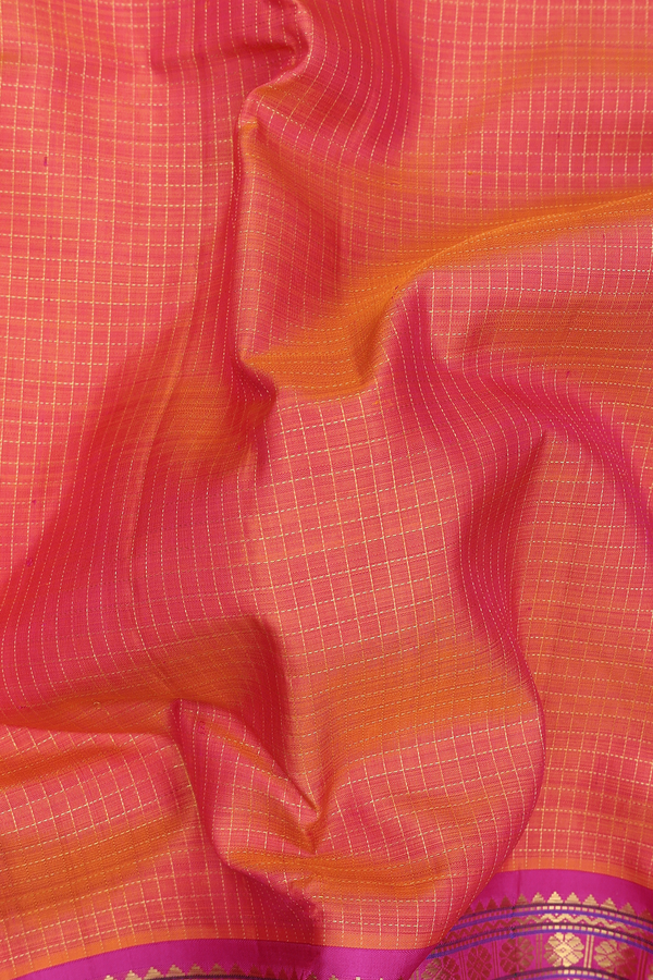 Kanchipuram Silk Saree In Coral Pink With Checks Design