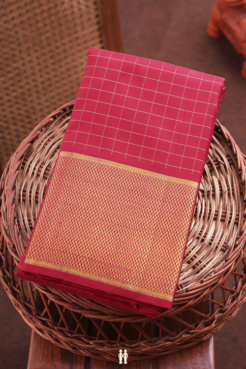 Kanchipuram Silk Saree In Crimson Red With Checks Design