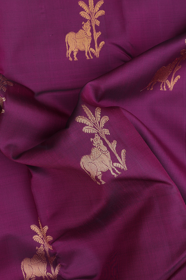 Kanchipuram Silk Saree In Plum Purple With Cow Motifs