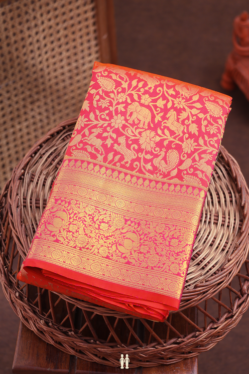 Kanchipuram Silk Saree In Coral Pink With Vanasingaram Design