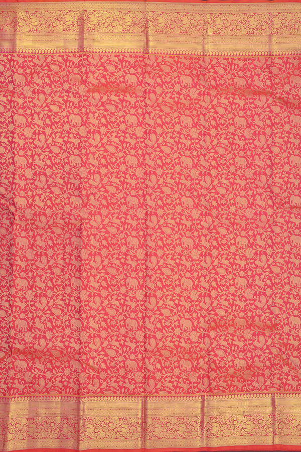 Kanchipuram Silk Saree In Coral Pink With Vanasingaram Design