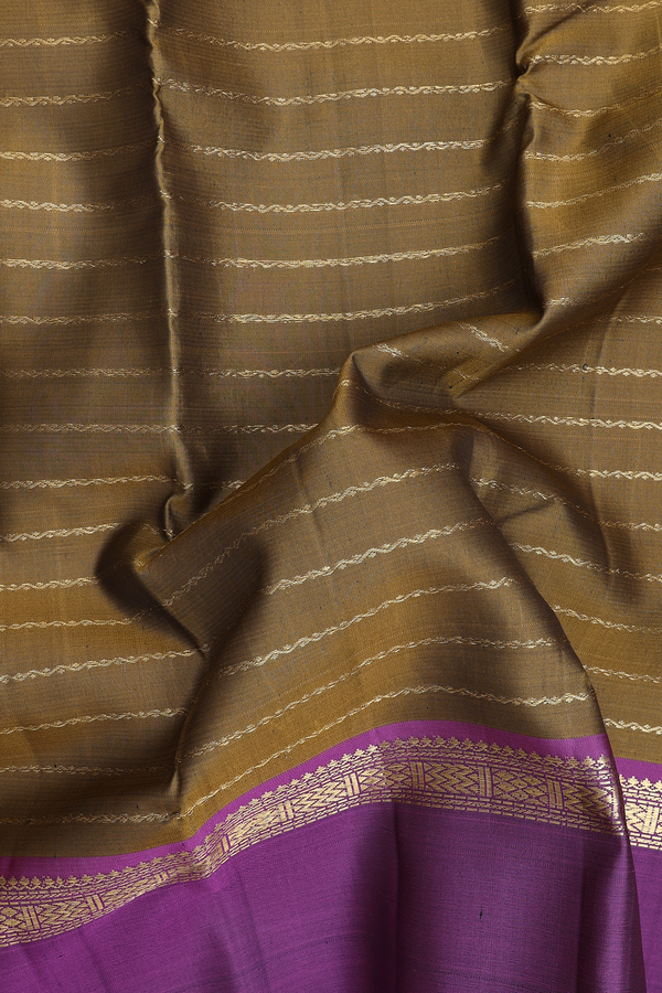 Kanchipuram Silk Saree In Yellowish Brown With Stripes Design