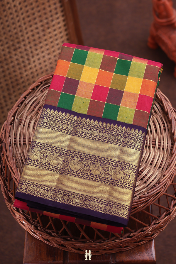 Kanchipuram Silk Saree In Multicolor With Checks Design