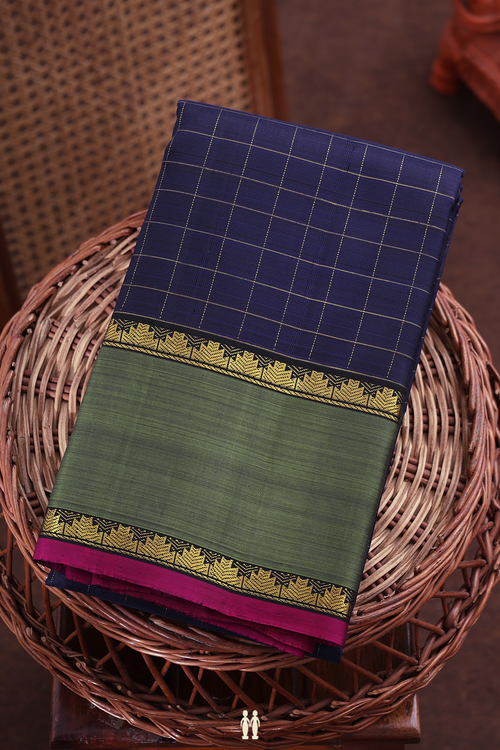 Kanchipuram Silk Saree In Navy Blue With Checks Design