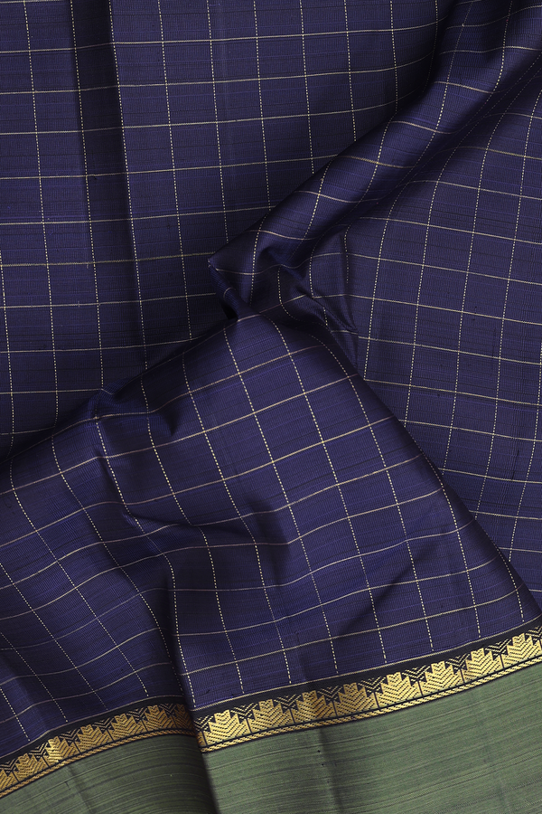 Kanchipuram Silk Saree In Navy Blue With Checks Design