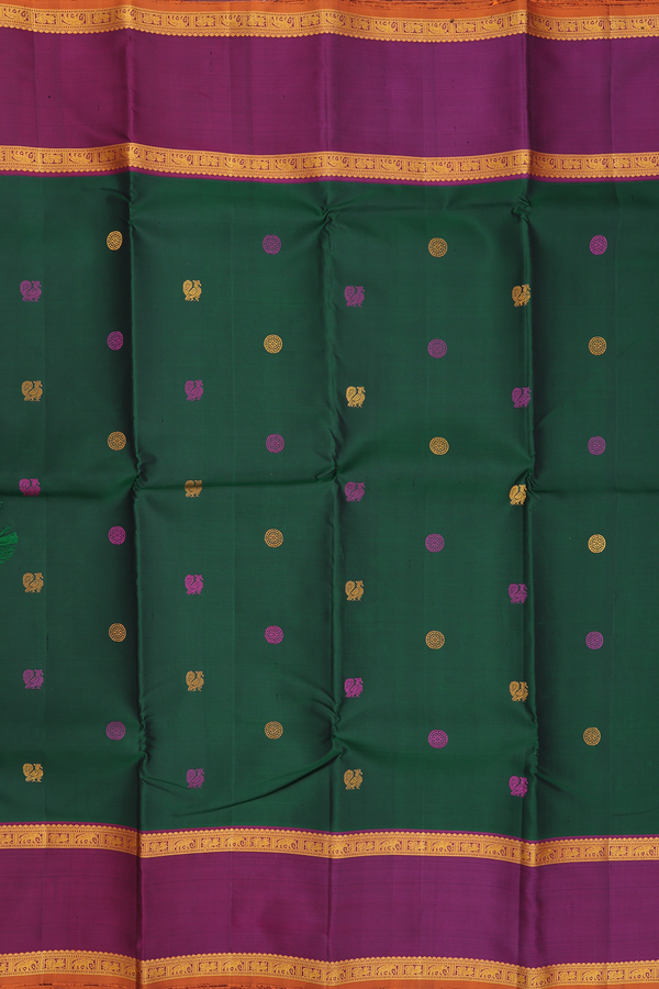 kanchipuram Silk Saree In Forest Green With Peacock Buttas