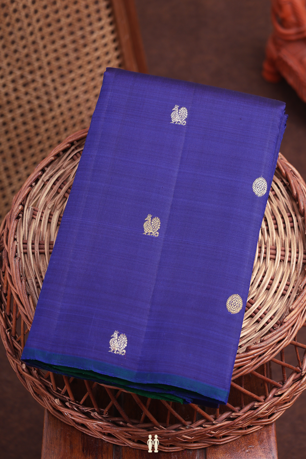 Kanchipuram Silk Saree In Royal Blue With Peacock Buttas