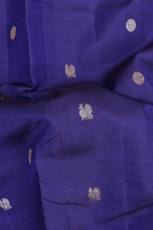 Kanchipuram Silk Saree In Royal Blue With Peacock Buttas