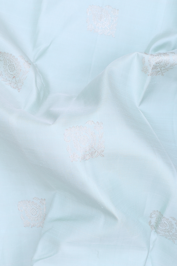 Kanchipuram Silk Saree In Pale Blue With Paisley Buttas