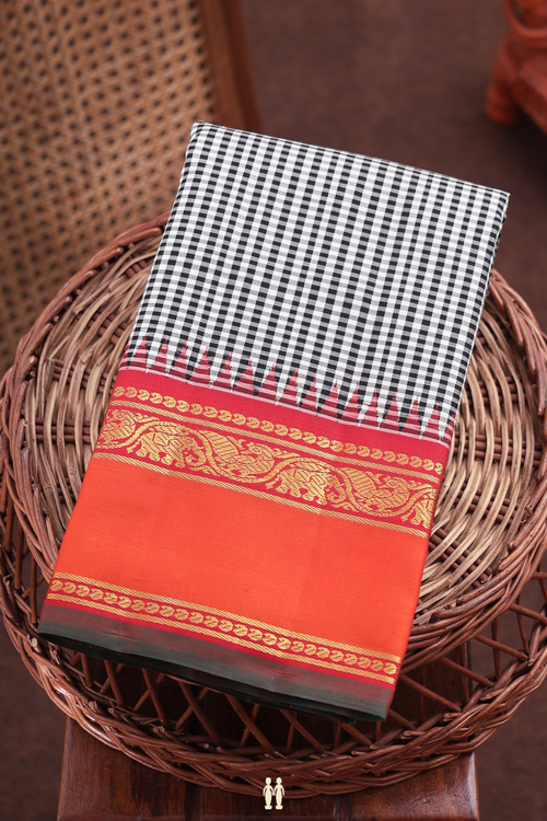 Kanchipuram Silk Saree In Black And White With Checks Design