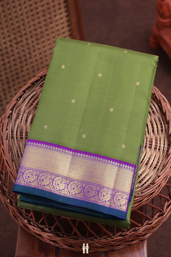 Kanchipuram Silk Saree In Olive Green With Zari Buttis