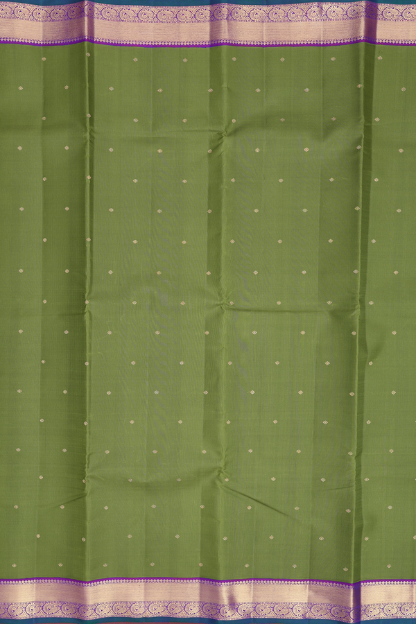 Kanchipuram Silk Saree In Olive Green With Zari Buttis