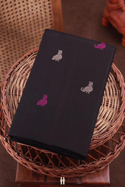 Kanchipuram Silk Saree In Dark Oak Brown With Peacock Buttas
