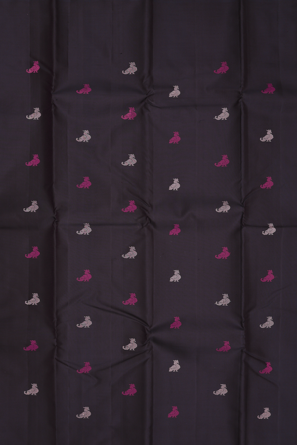 Kanchipuram Silk Saree In Dark Oak Brown With Peacock Buttas