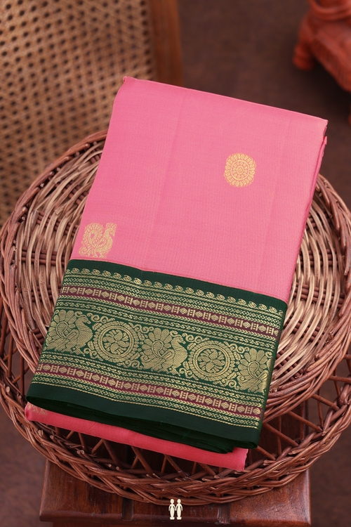 kanchipuram Silk Saree In Pink With Peacock Buttas