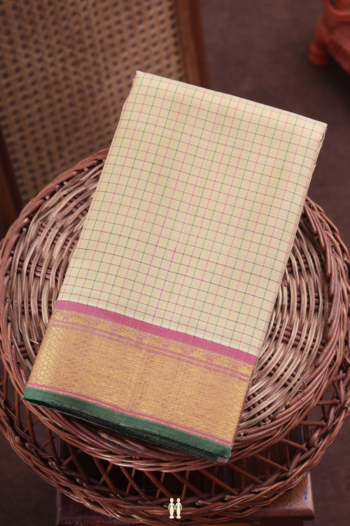 Kanchipuram Silk Saree In Cream Color With Checks Design