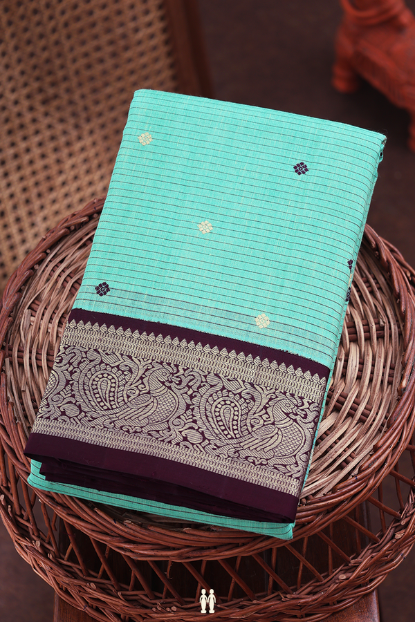 Linen Kanchipuram Silk Saree Green Along Stripes With Buttas