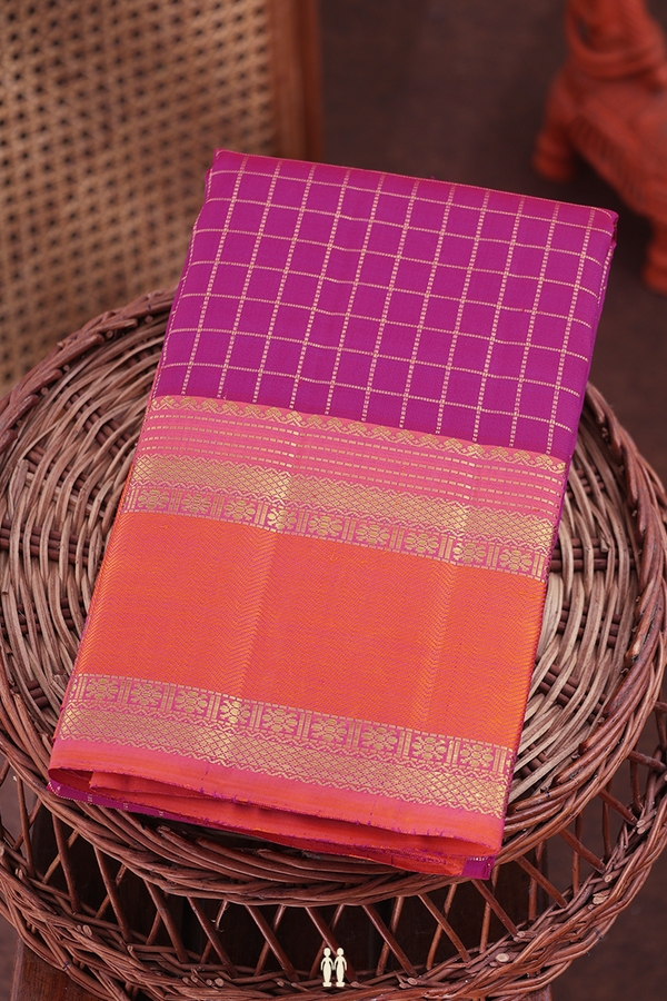 Kanchipuram Silk Saree In Purple Rose With Checks Design