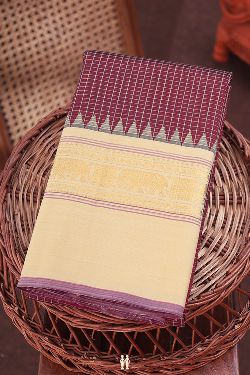 Kanchipuram Silk Saree In Maroon With Checks Design