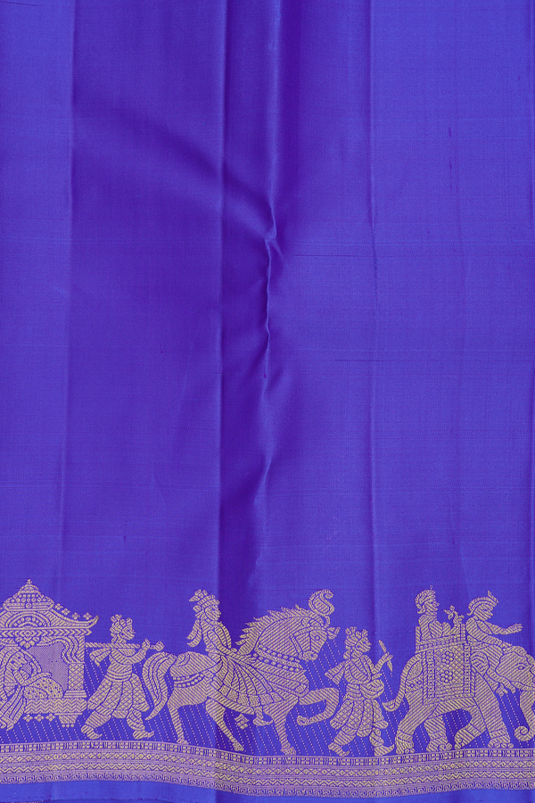 Kanchipuram Silk Saree In Indigo Blue With Peacock Buttas