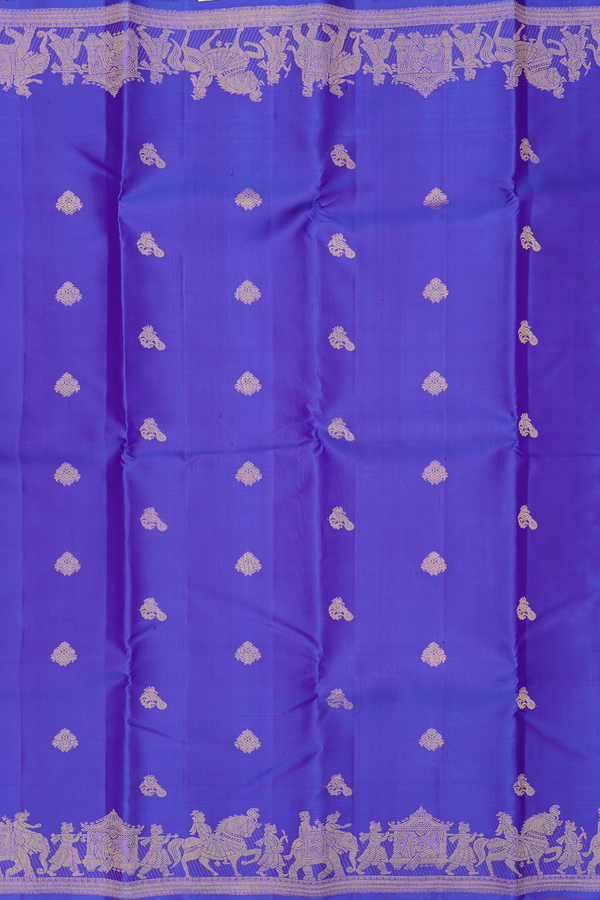 Kanchipuram Silk Saree In Indigo Blue With Peacock Buttas