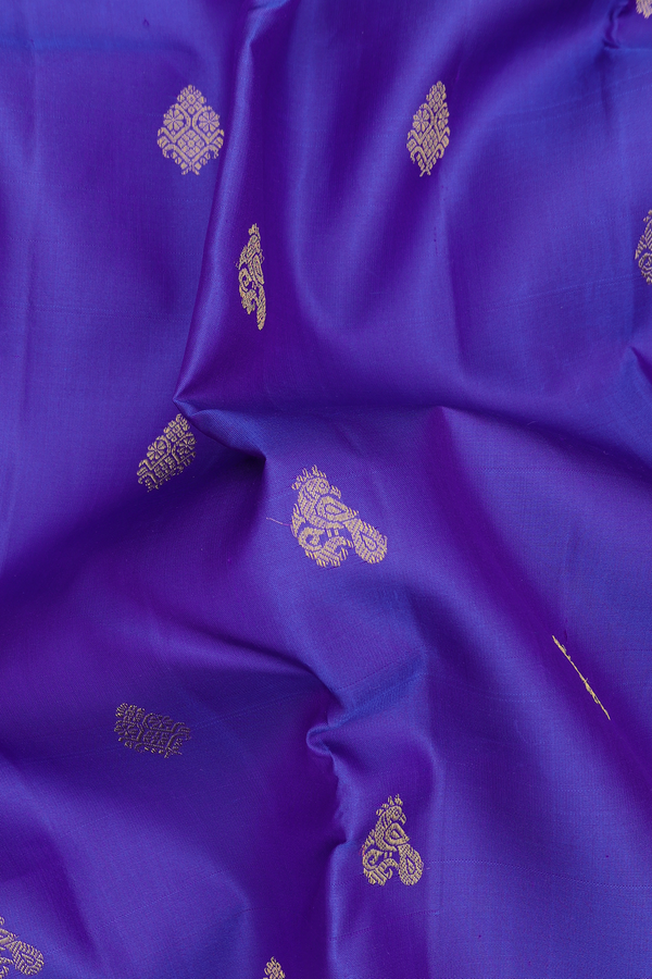 Kanchipuram Silk Saree In Indigo Blue With Peacock Buttas