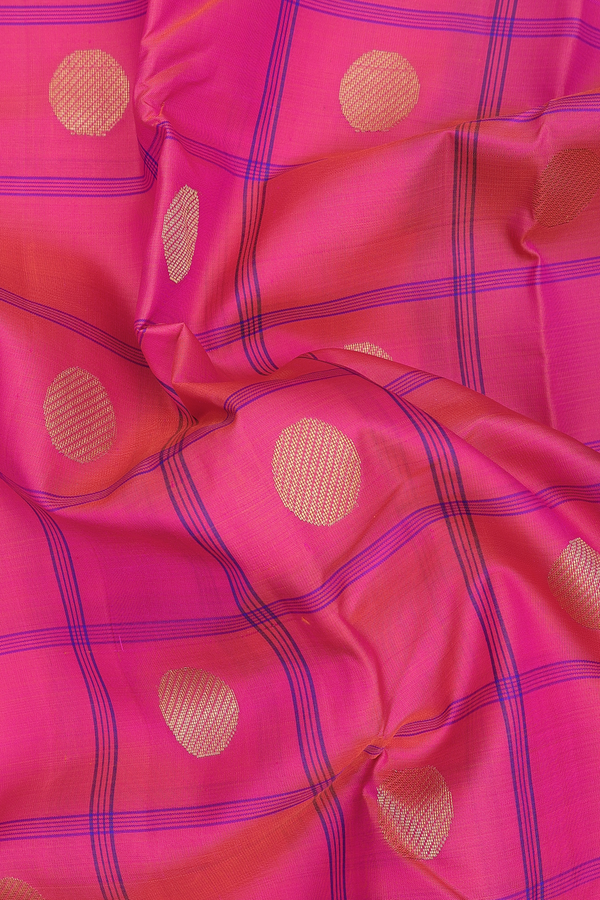 Kanchipuram Silk Saree In Pink Along Checks With Buttas
