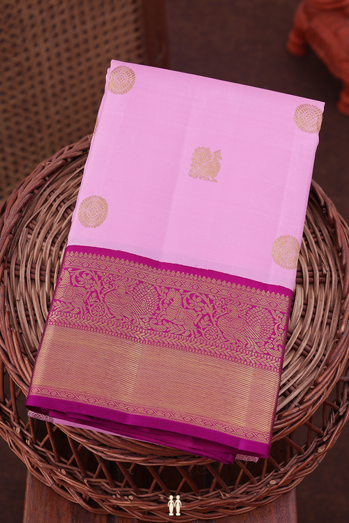 Kanchipuram Silk Saree In Pink With Peacock Buttas