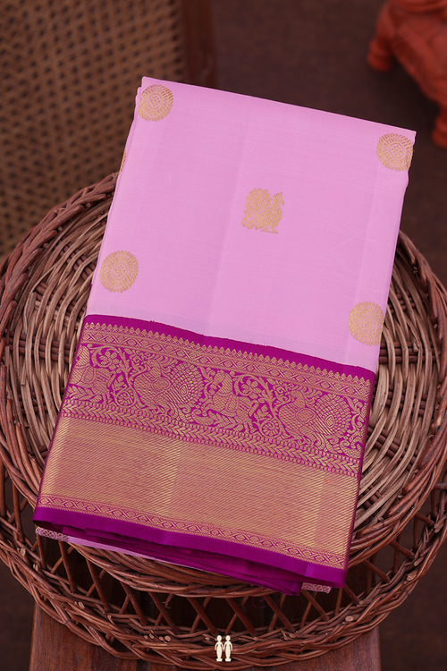Kanchipuram Silk Saree In Pink With Peacock Buttas